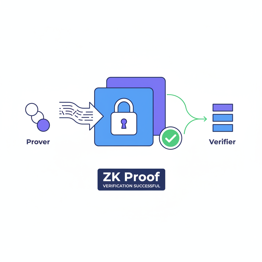 Abstract ZK proof diagram, locked box with verification checkmark, clean vector art