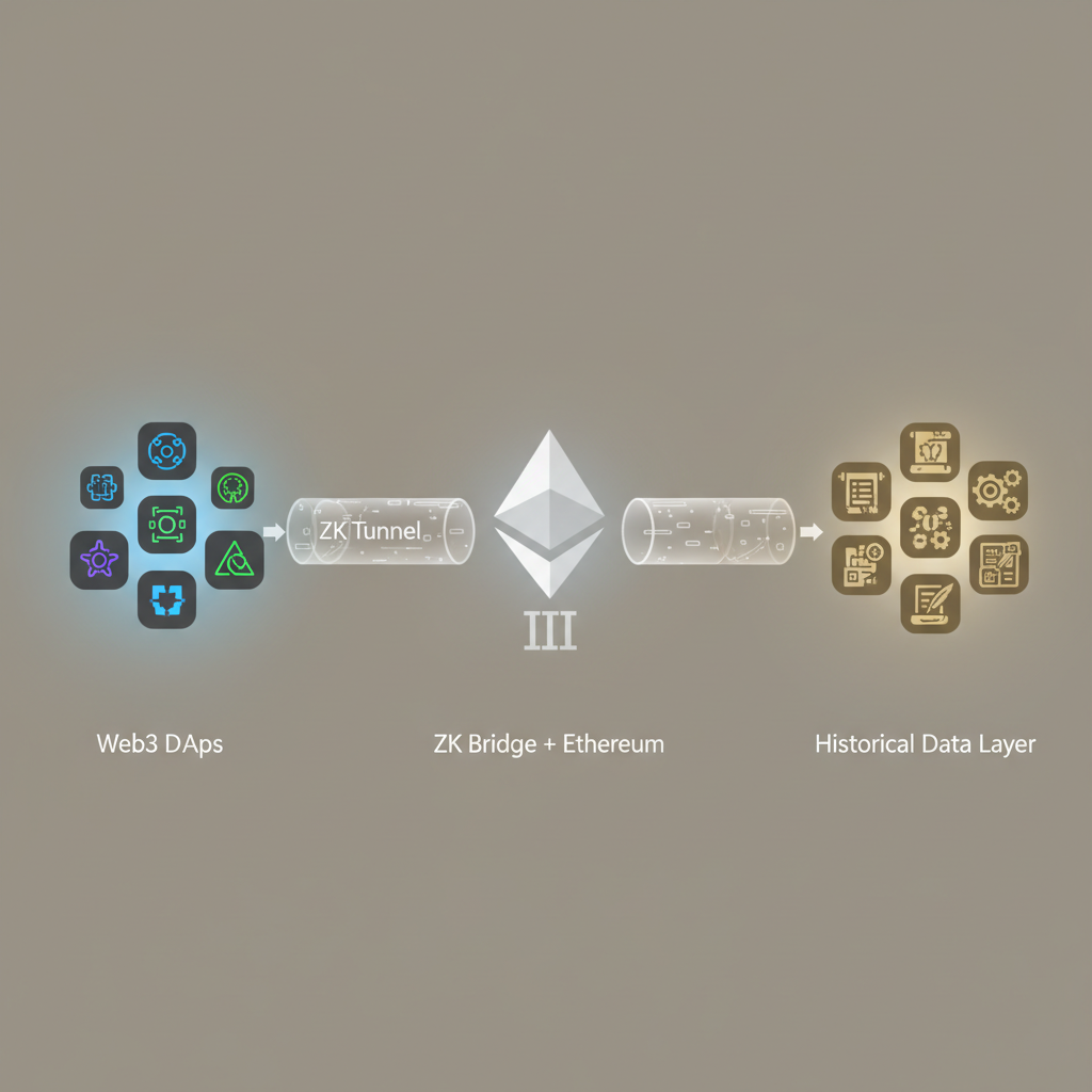 Web3 app icons bridged to Ethereum history via ZK tunnel, subtle glow