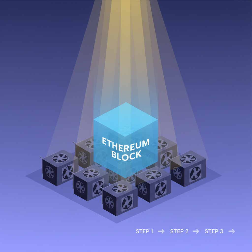 Parallel light beams converging on GPU array, Ethereum block in center