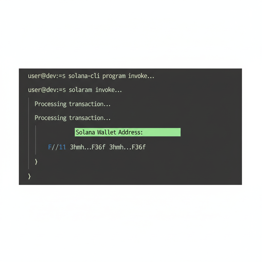 code console output displaying Solana wallet address string, terminal style, green text highlight