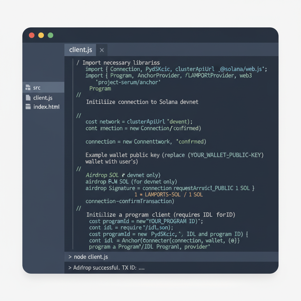 code editor with JavaScript import and initialization of Solana SDK client, dark theme, syntax highlighted