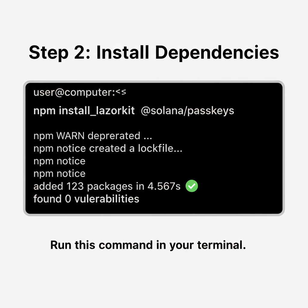clean developer terminal window installing npm packages for Solana SDK, modern UI, code syntax highlight