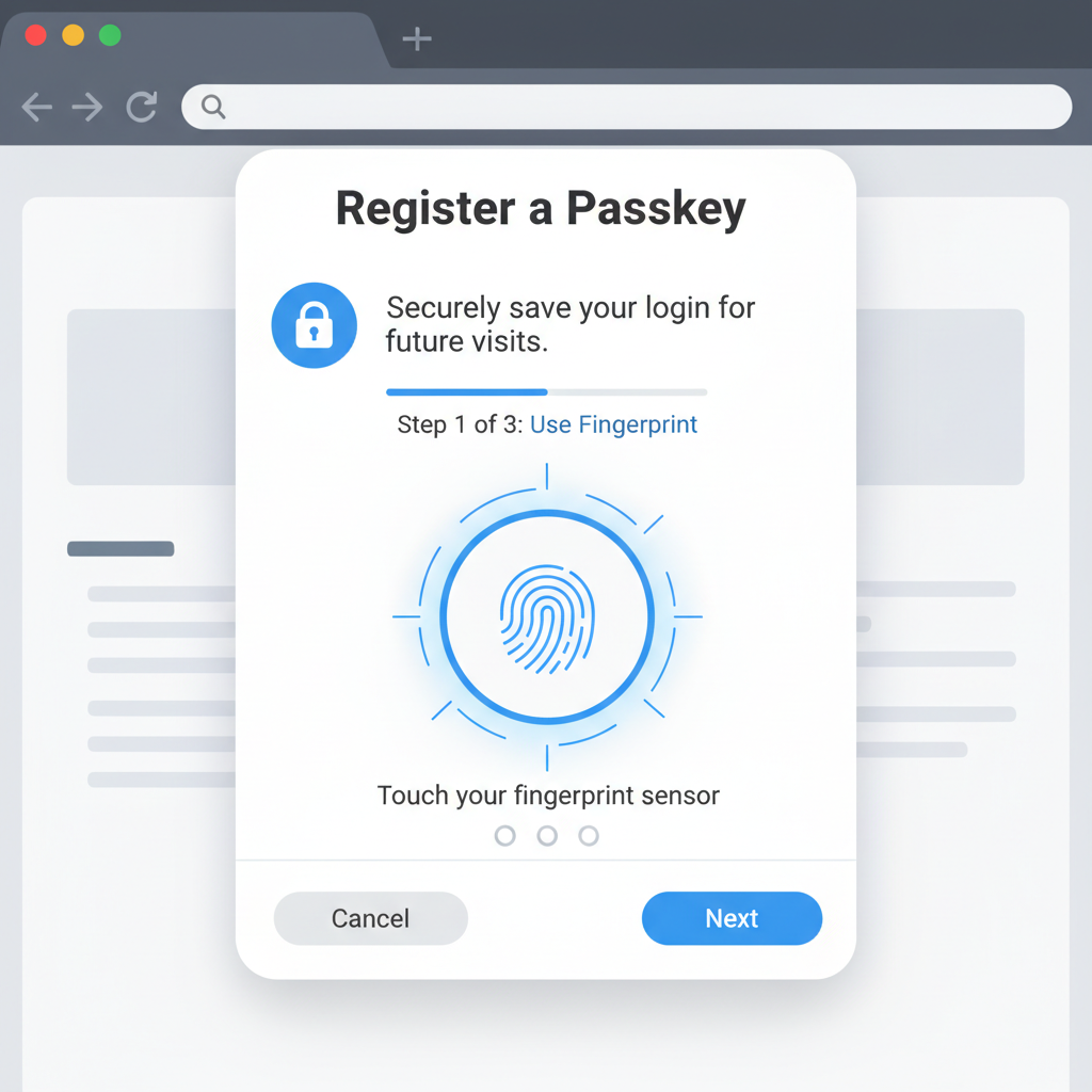 web browser popup for passkey registration with fingerprint biometric prompt, secure lock icon, modern UI
