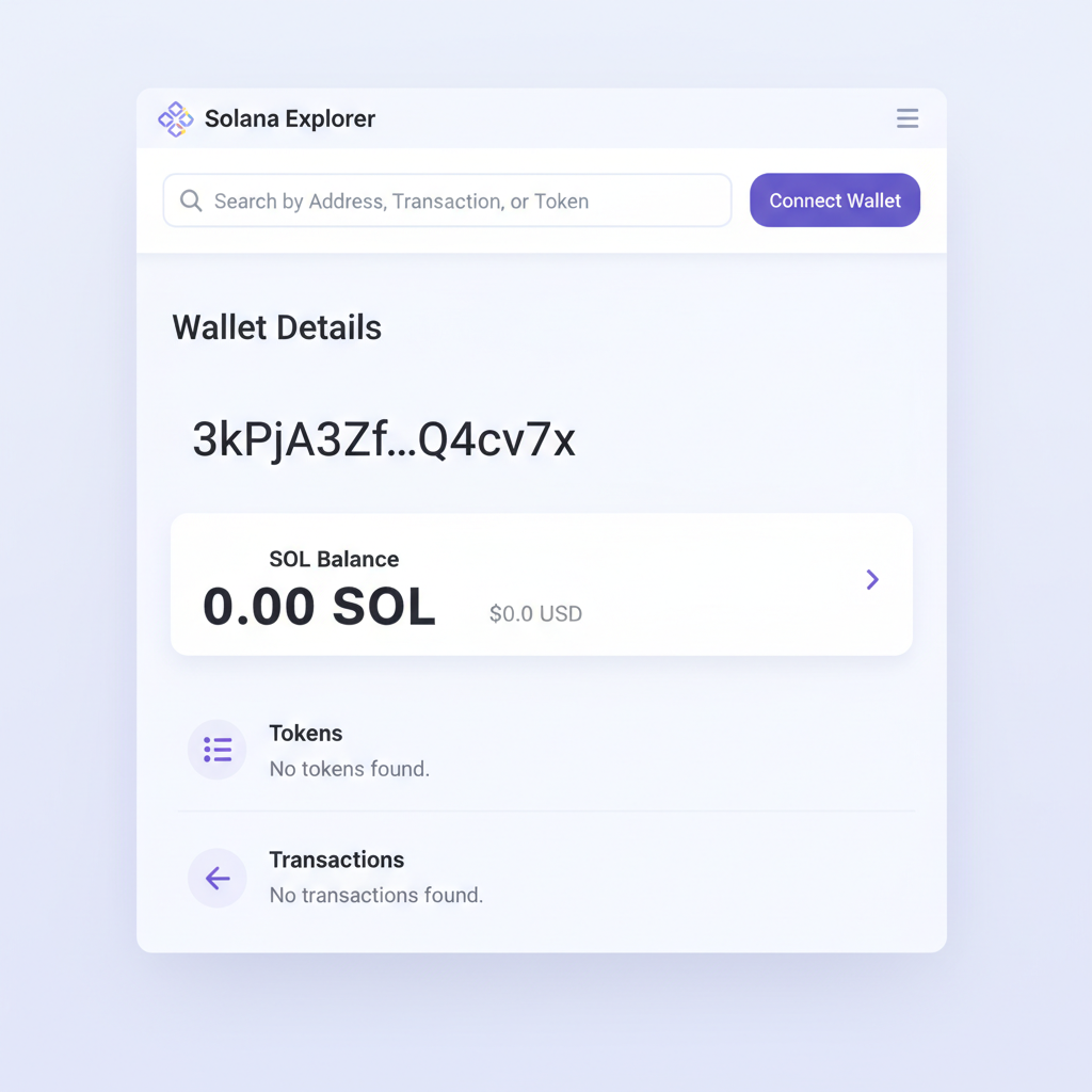 Solana explorer webpage showing new empty wallet address details, search bar, balance zero, professional interface
