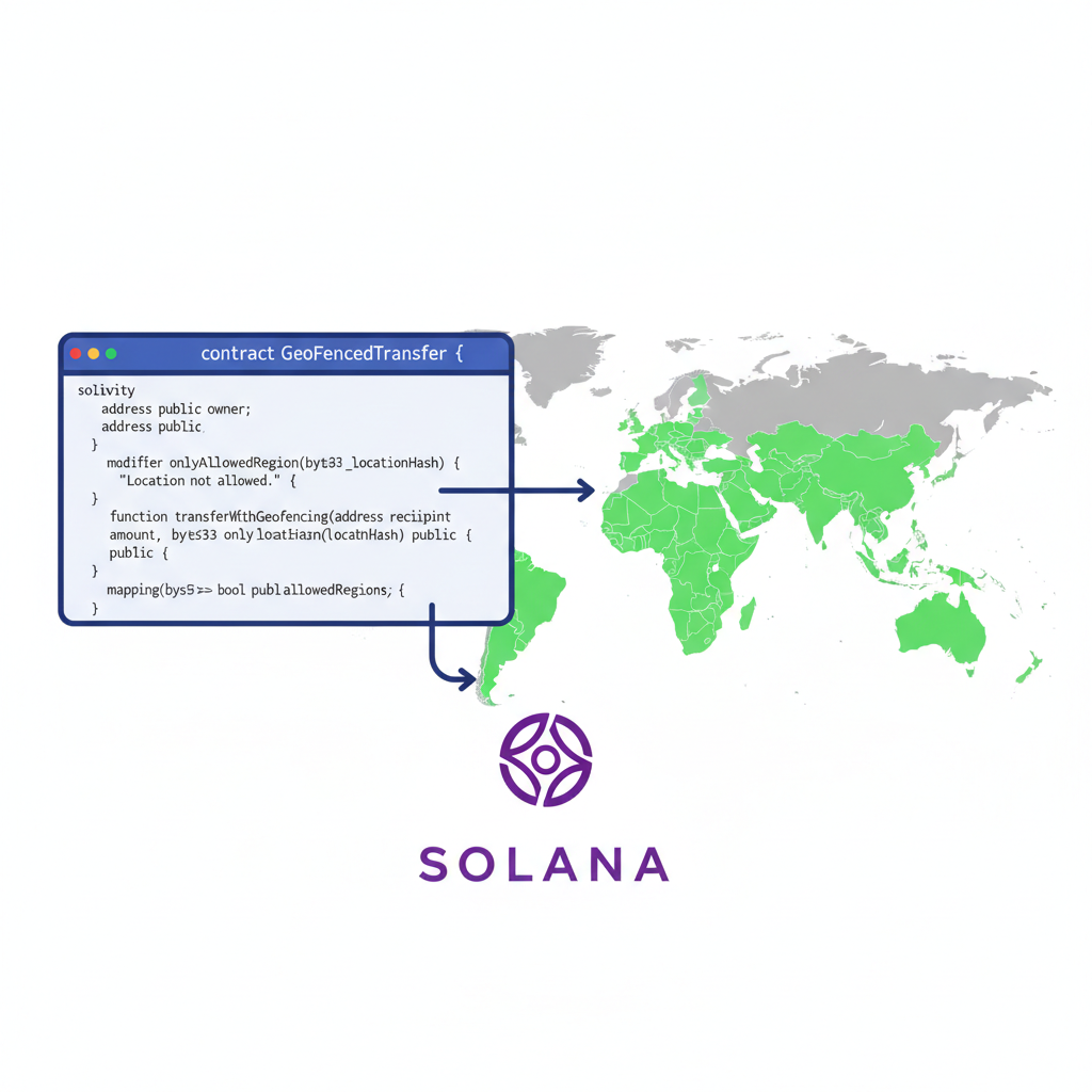 Smart contract code with geofencing modifier, world map highlighting allowed regions in green, Solana logo