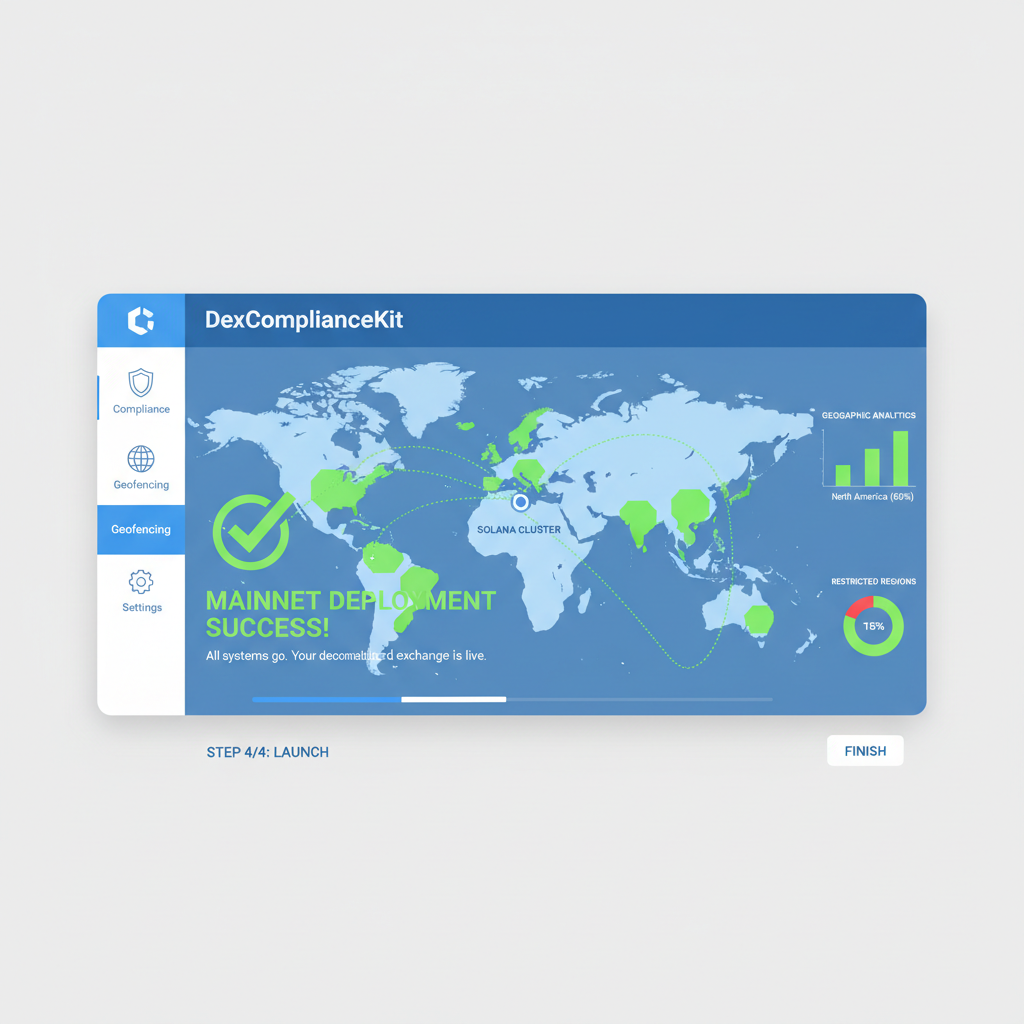 Solana mainnet deployment success screen, DexComplianceKit dashboard with geofencing analytics and world map