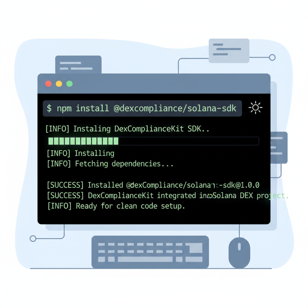 Developer terminal screen showing npm install command for DexComplianceKit SDK, clean code setup, Solana DEX context
