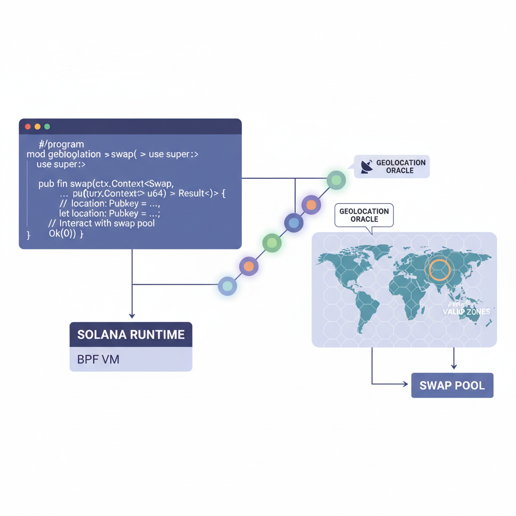 Solana Rust code snippet querying geolocation oracle in swap function, blockchain nodes and map overlay