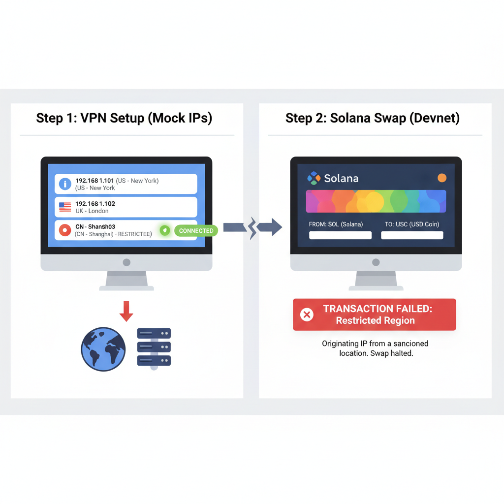 Testing setup with mock VPN IPs, Solana devnet dashboard showing failed swap from restricted region