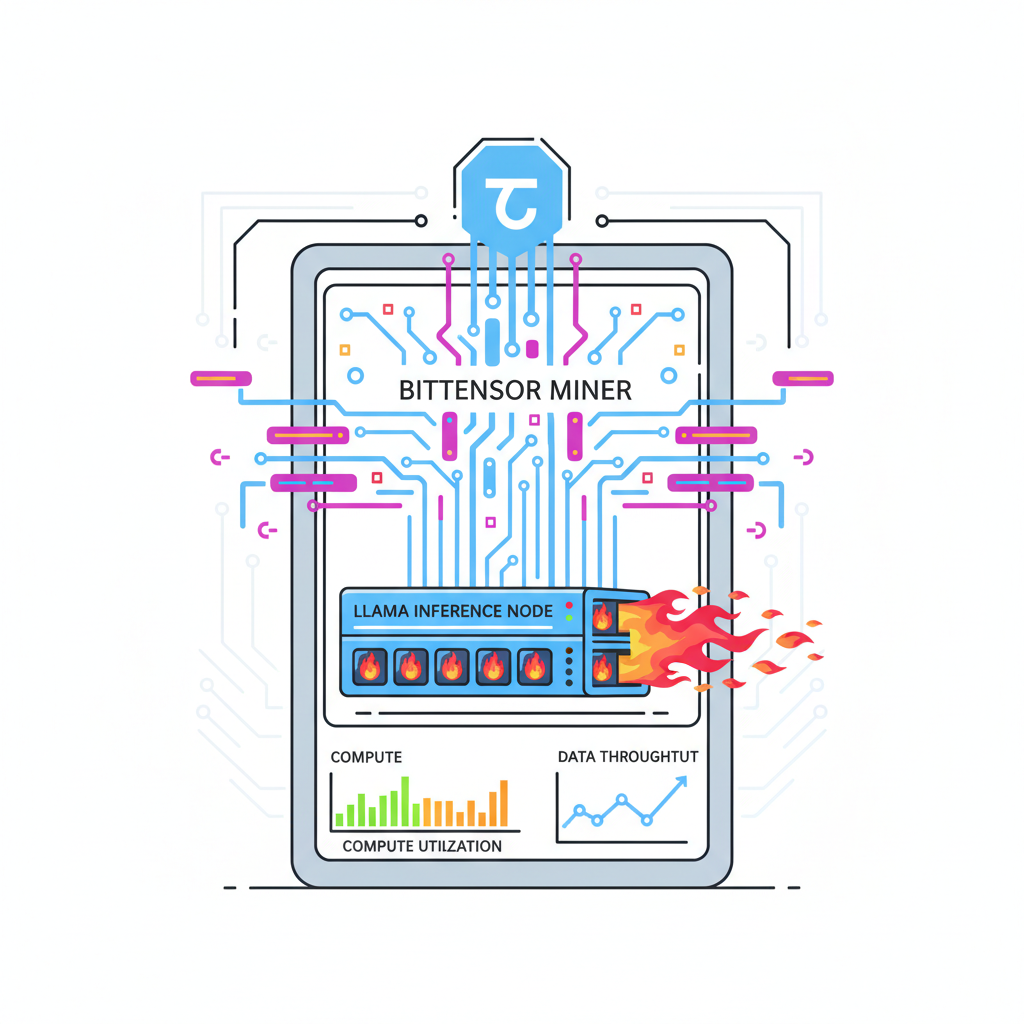 /bittensor miner node running llama inferences, gpu flames and data streams, high-energy futuristic render
