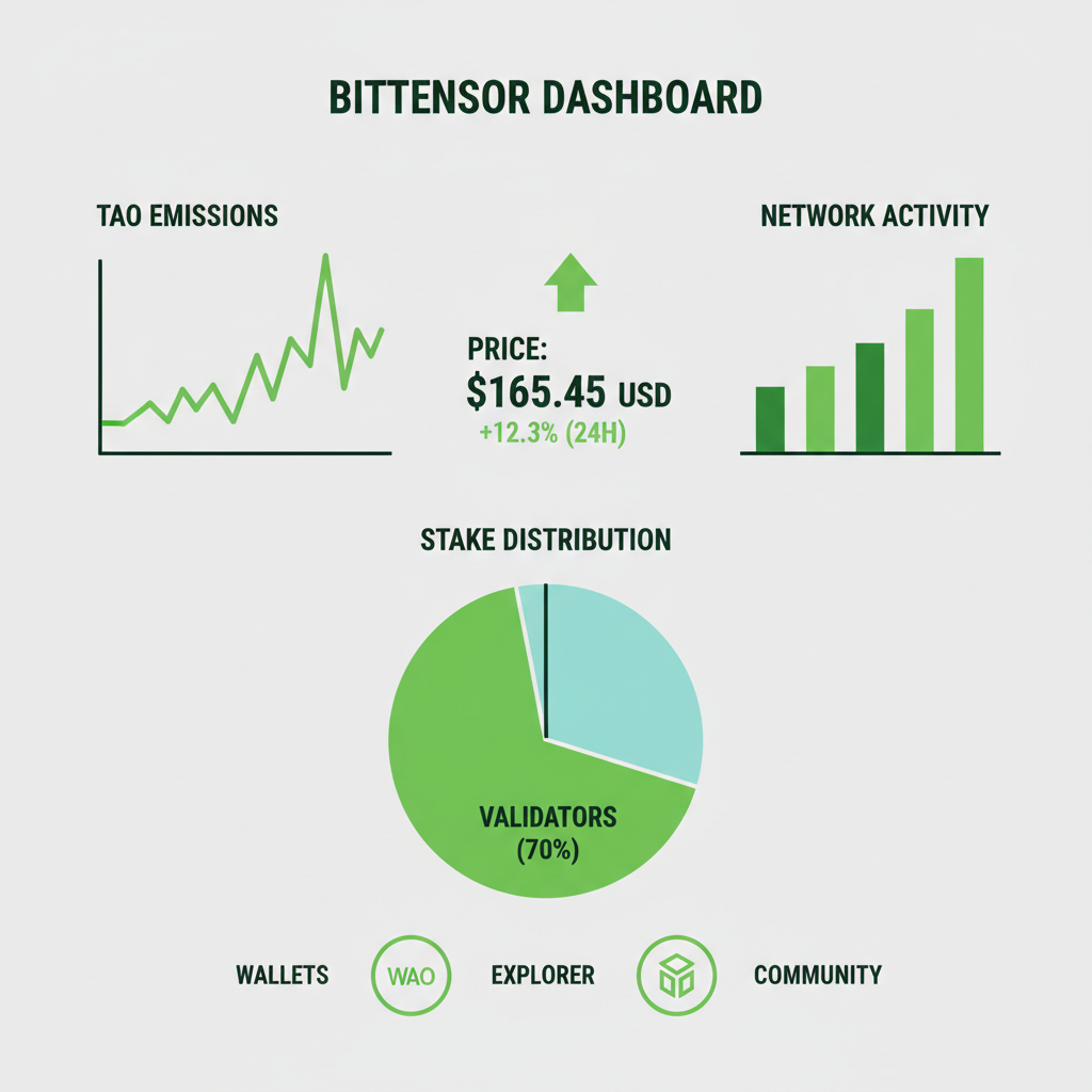 /bittensor dashboard showing TAO emissions graph spiking, price chart at $165.45, energetic green upward trends