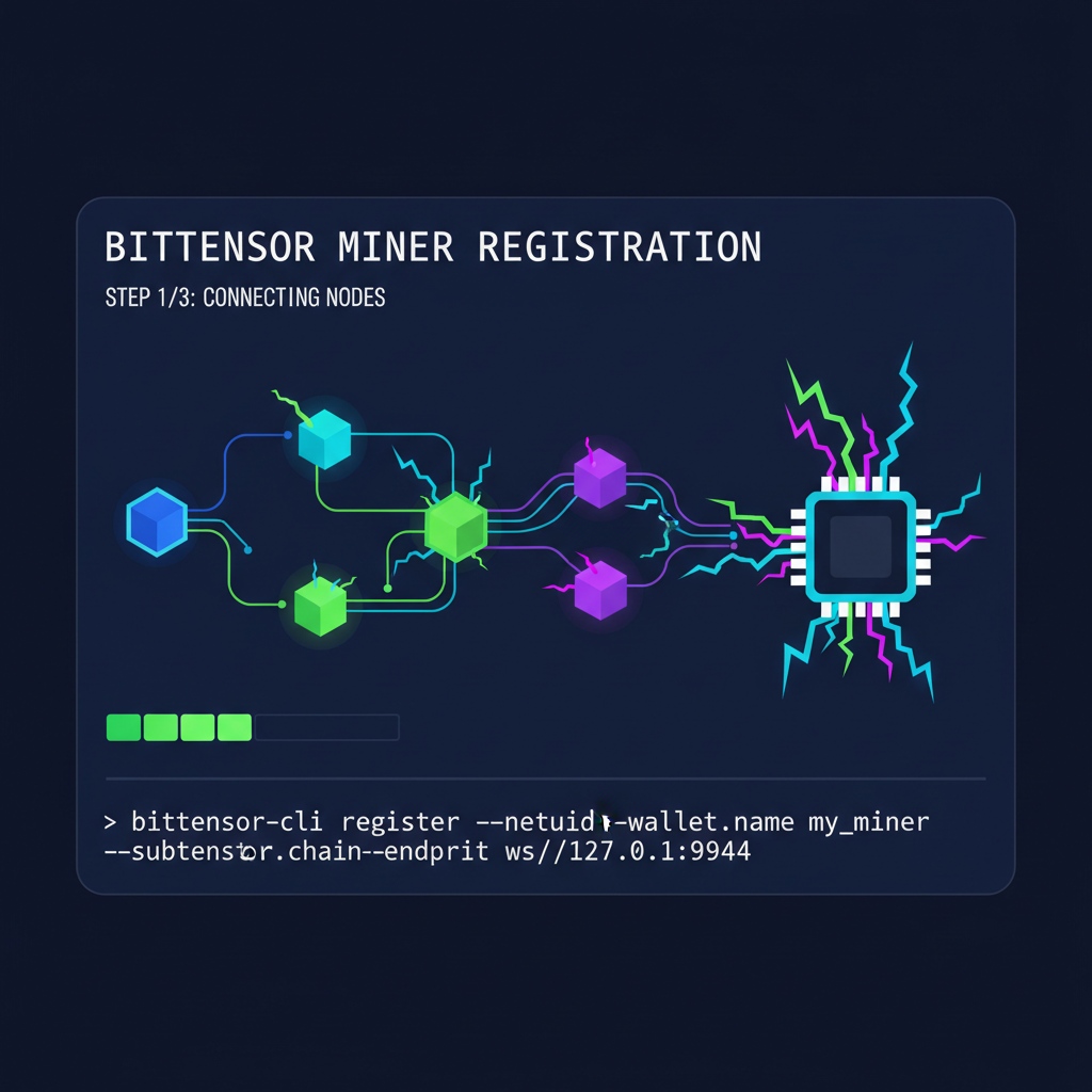 /bittensor miner registration interface on terminal, blockchain nodes connecting, dynamic energy bursts, cyber aesthetic
