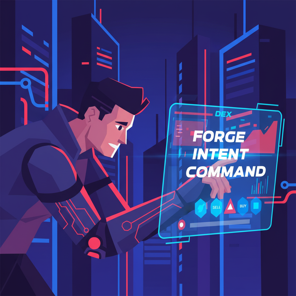 cyberpunk trader forging glowing intent command on holographic DEX screen, neon blues and reds