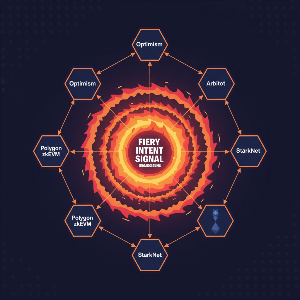 fiery intent signal broadcasting across interconnected L2 rollup network graph, explosive energy waves