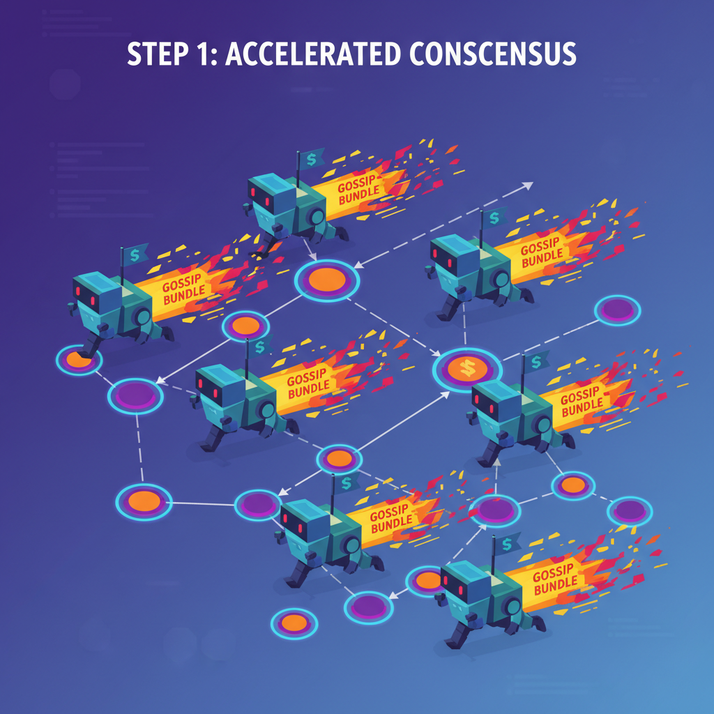 army of solver bots racing on decentralized node network, gossip bundles exploding in speed lines