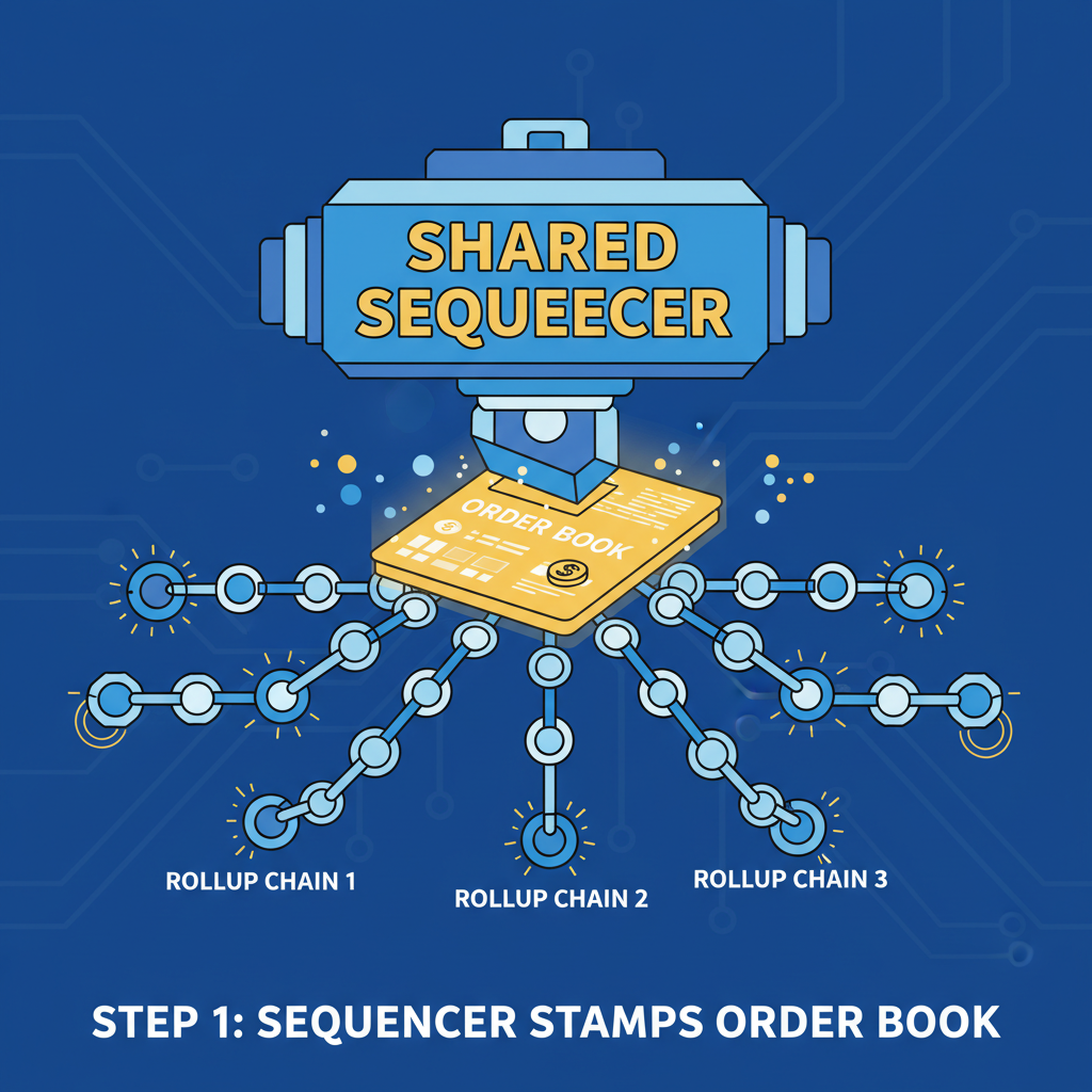 massive shared sequencer stamping golden order book onto multiple rollup chains, dramatic impact