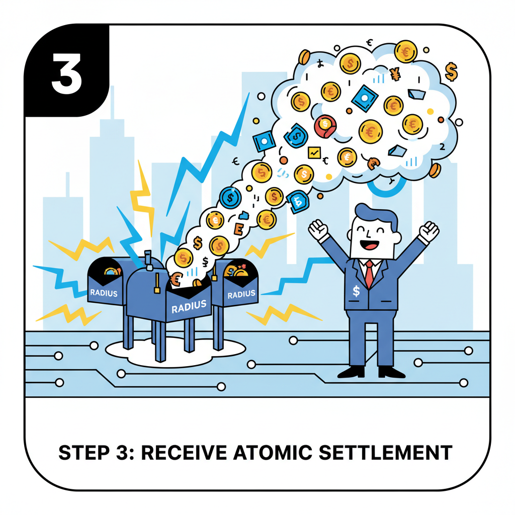 triumphant trader receiving atomic settlement explosion from Radius mailboxes, low-latency lightning bolts