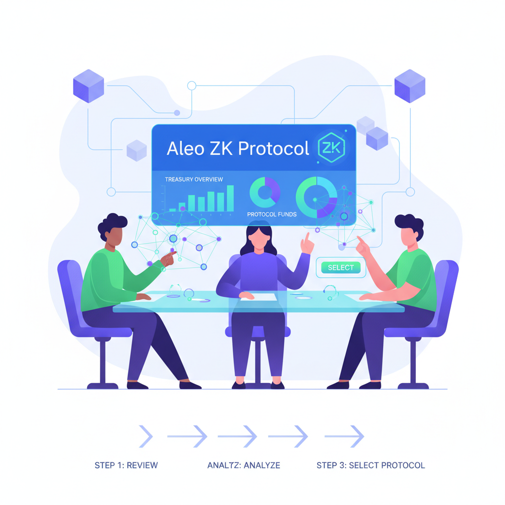 DAO team auditing blockchain treasury charts selecting Aleo ZK protocol futuristic interface