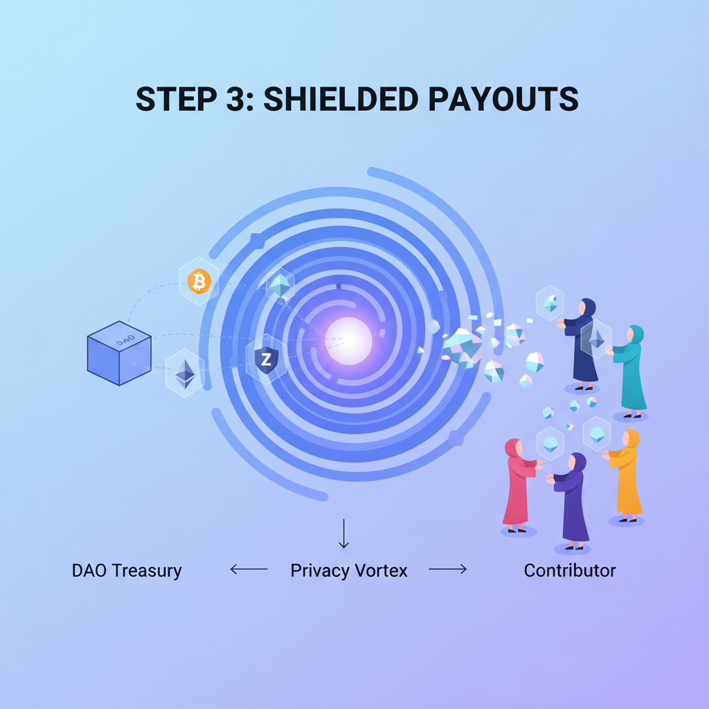 Distributing shielded crypto payouts to DAO contributors privacy vortex effect