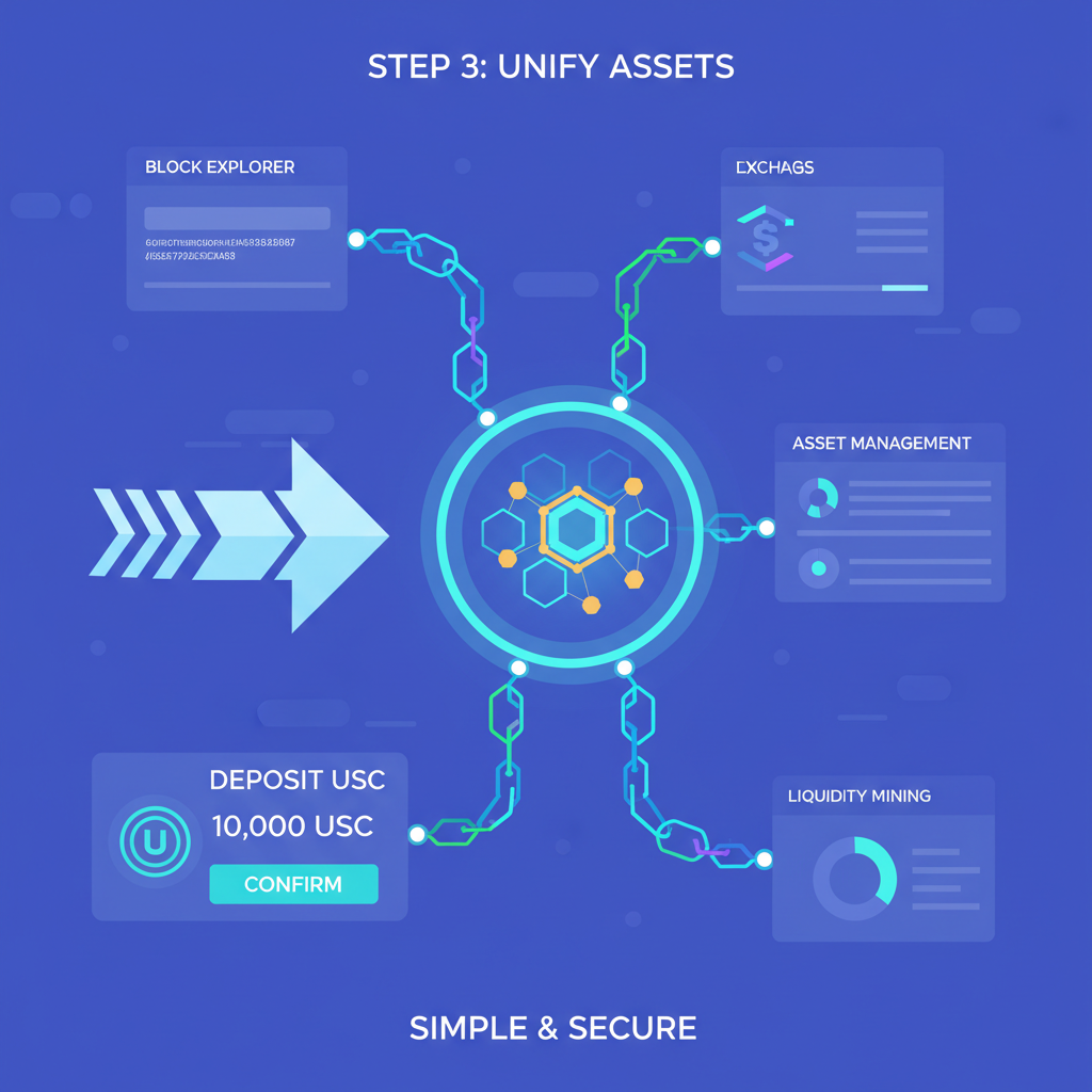 futuristic crypto dashboard depositing USDC into glowing unified margin pool, blockchain chains linking