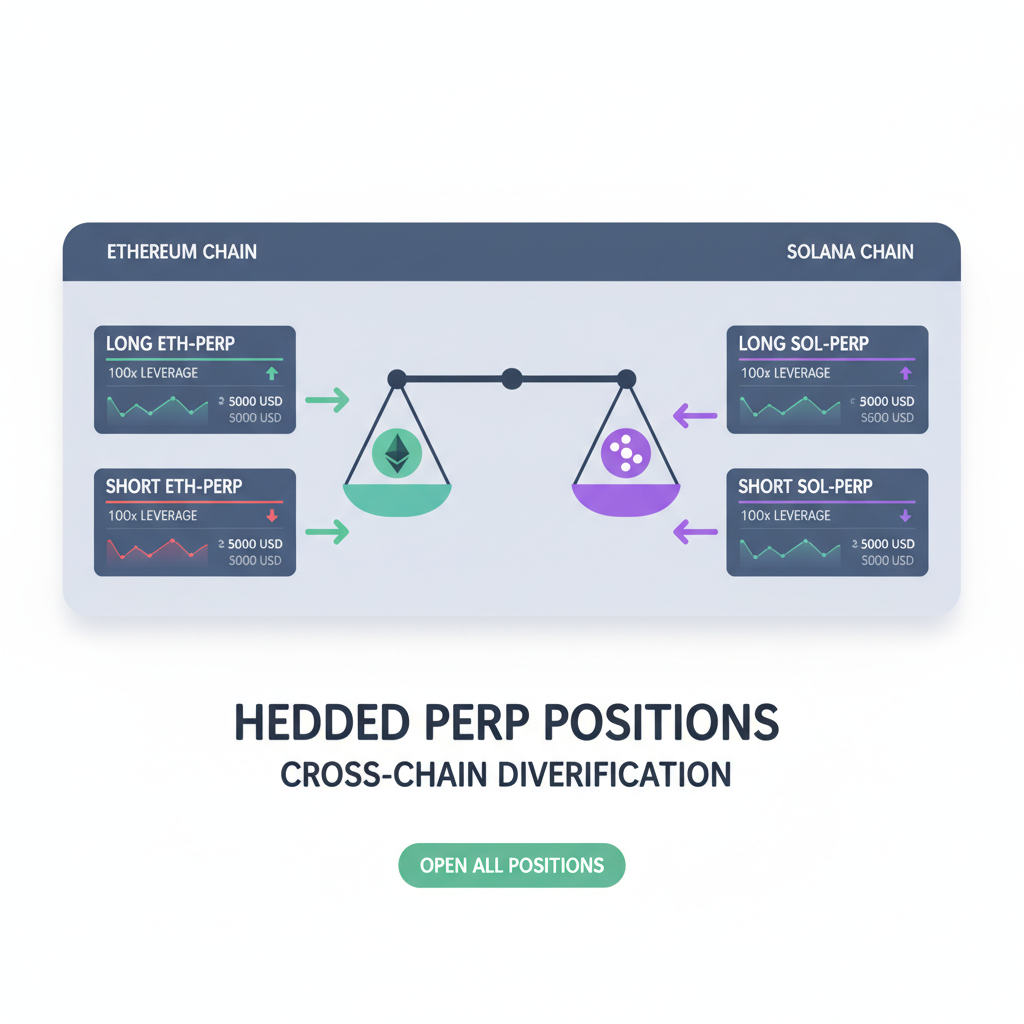trader interface opening hedged perp positions across Ethereum and Solana chains, balance scale graph