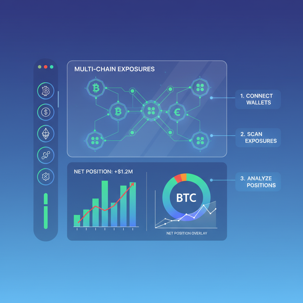 high-tech dashboard scanning multi-chain exposures, charts with net position overlays