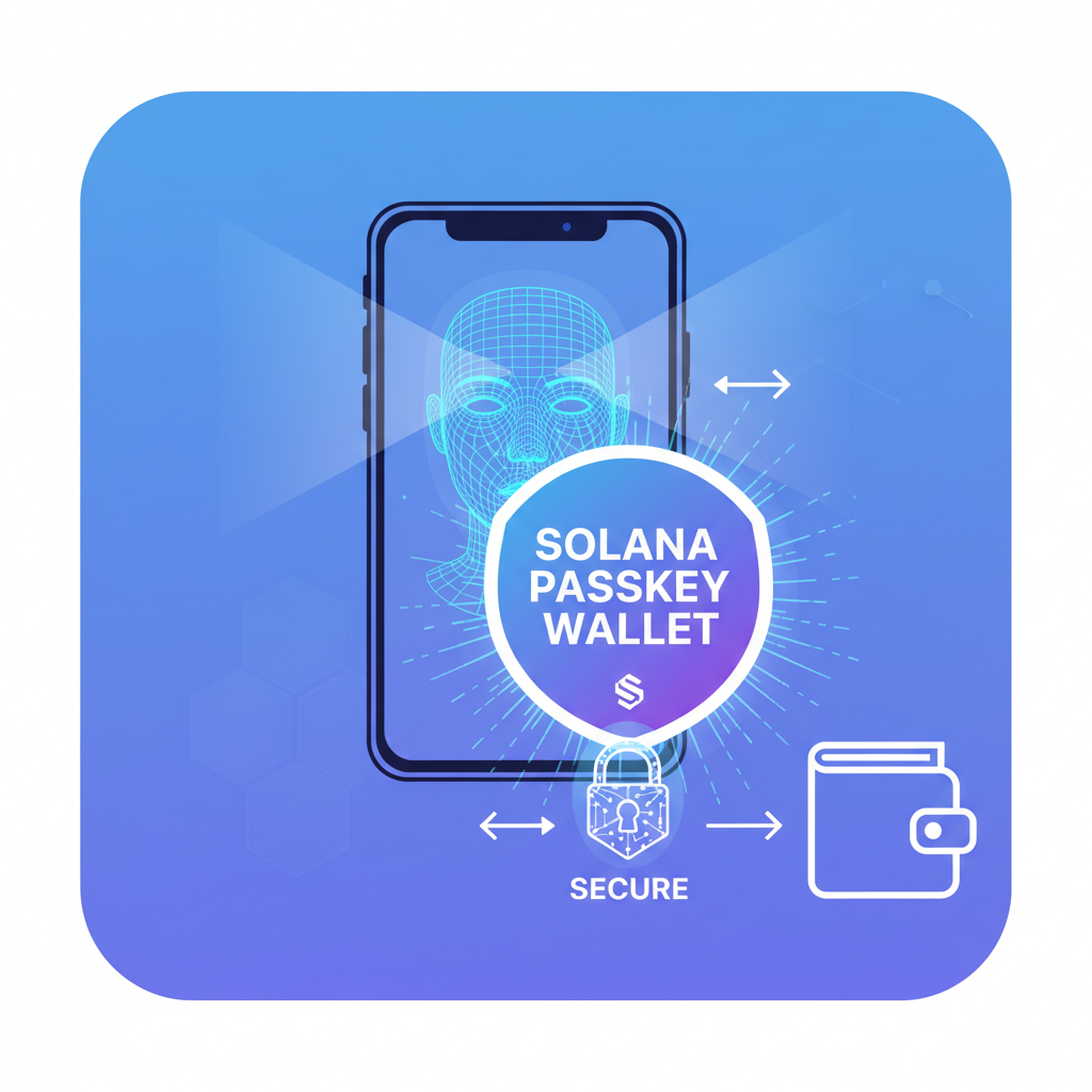smartphone biometric face ID scan creating solana passkey wallet glowing secure