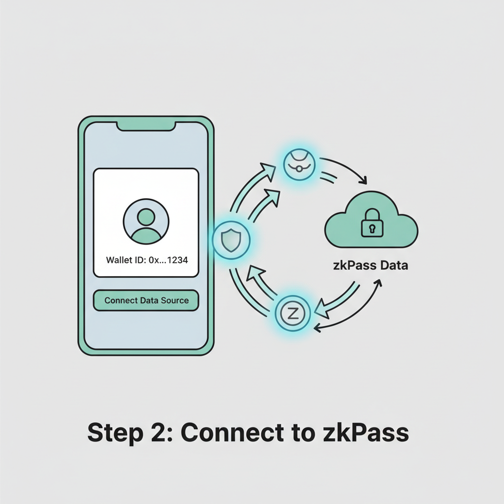 wallet UI connecting to zkPass data source, connection icons glowing