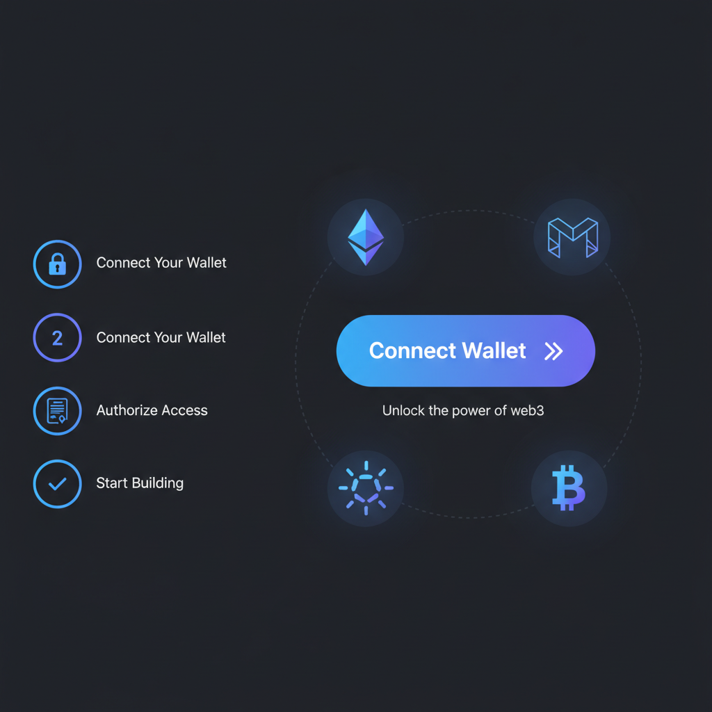 sleek thirdweb login dashboard with wallet connect button, dark mode UI, blockchain icons