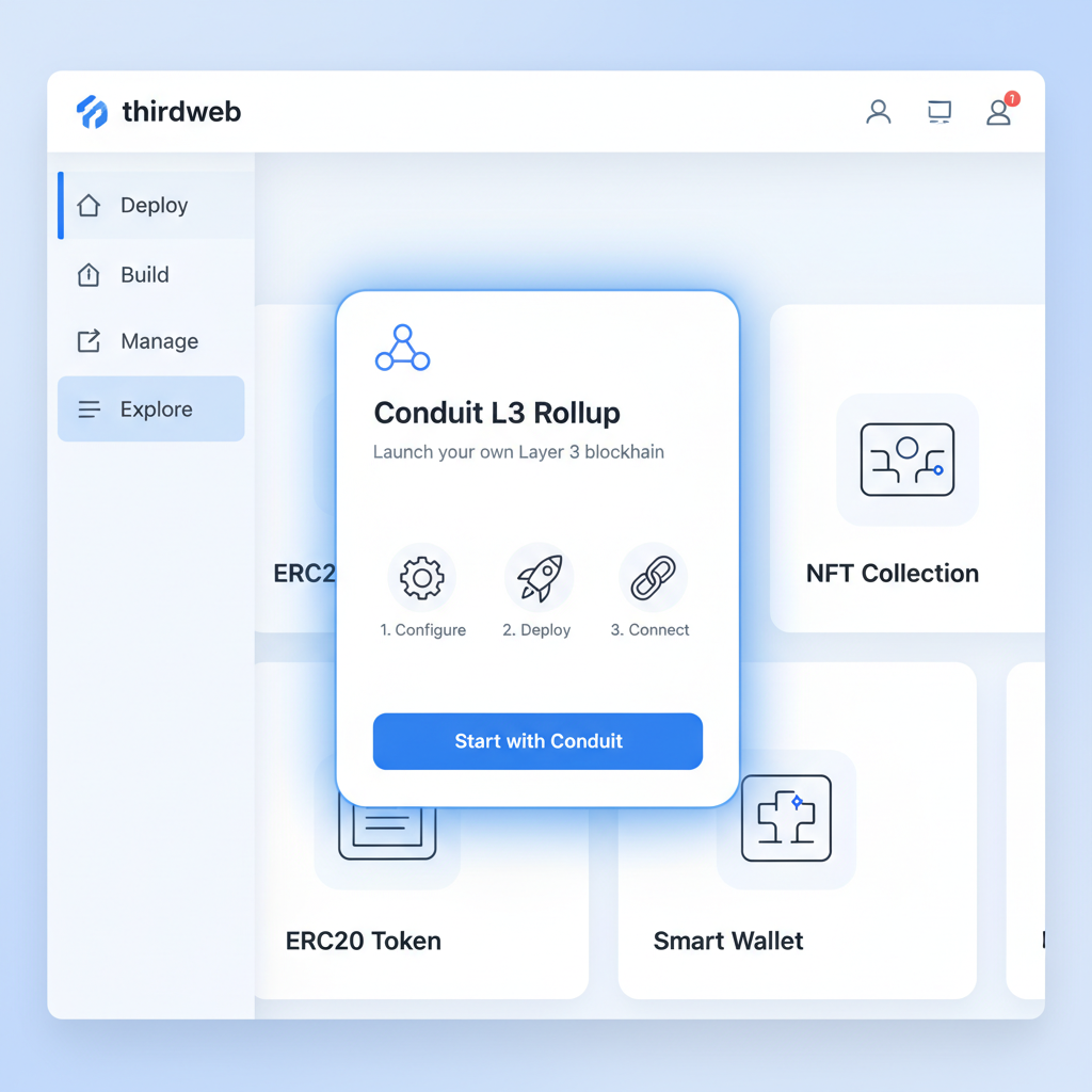 thirdweb deploy page highlighting Conduit L3 rollup template card, modern web interface