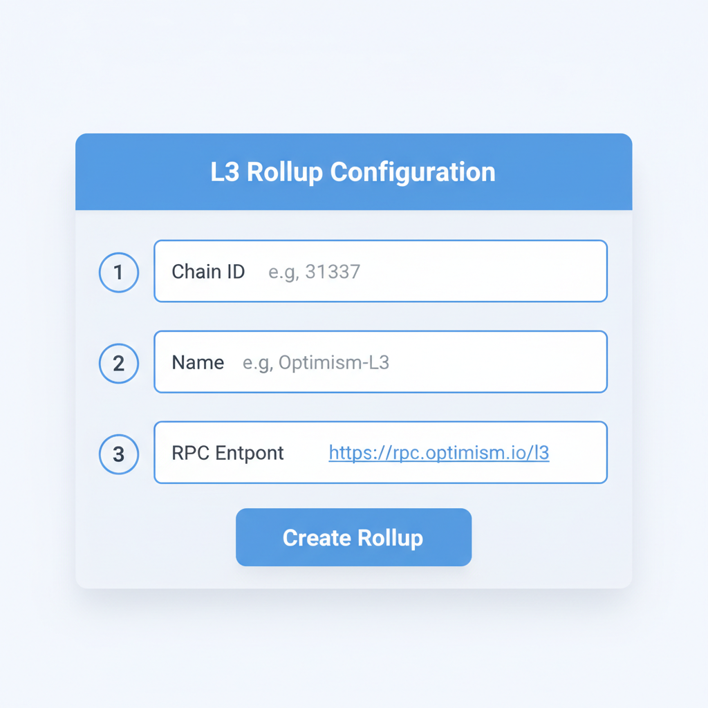L3 rollup config form with fields for chain ID name RPC, clean input UI