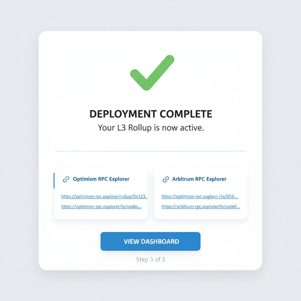 successful L3 rollup deployment confirmation screen with RPC explorer links
