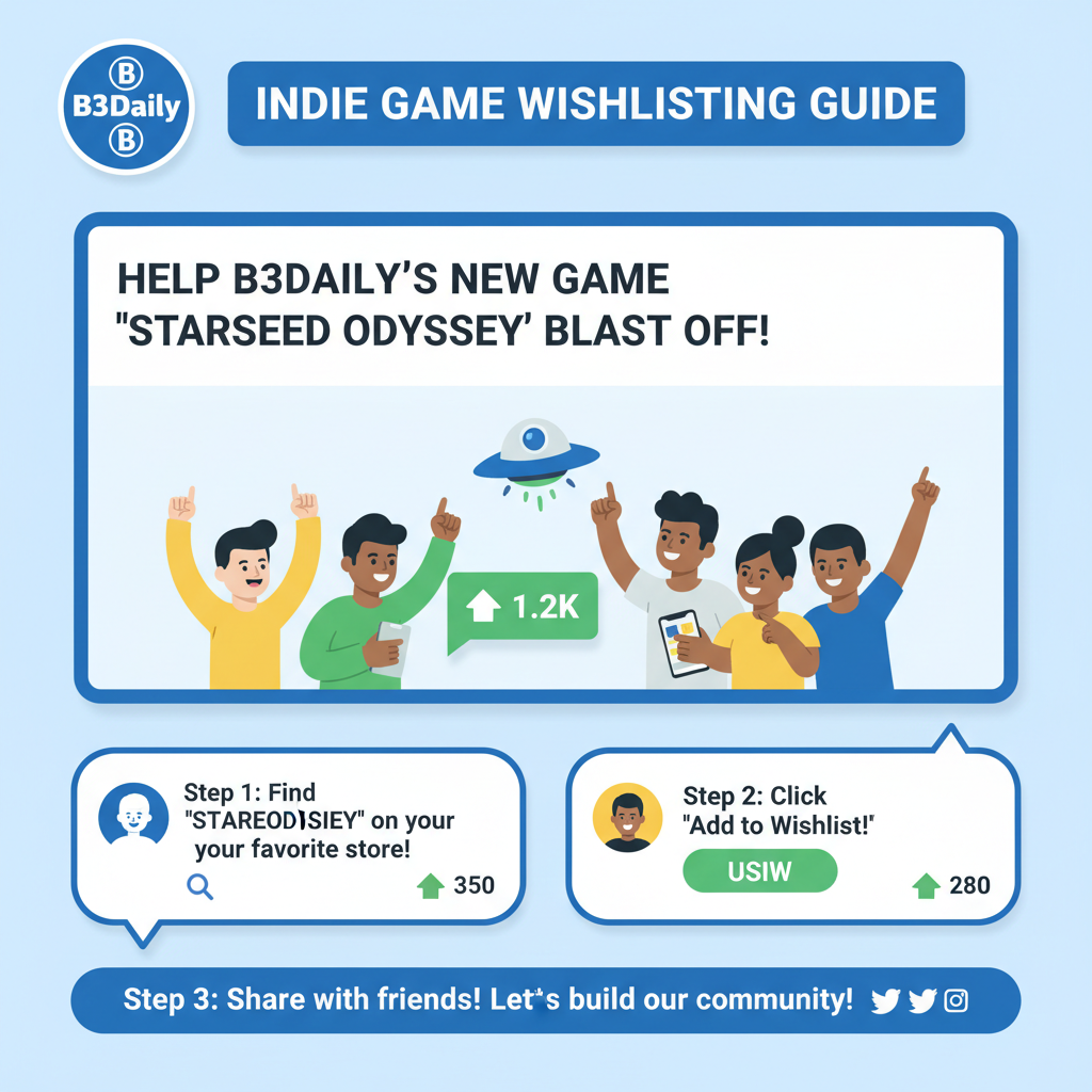 online community forum post about wishlisting indie game, chat bubbles, upvotes, B3Daily logo vibe, energetic group
