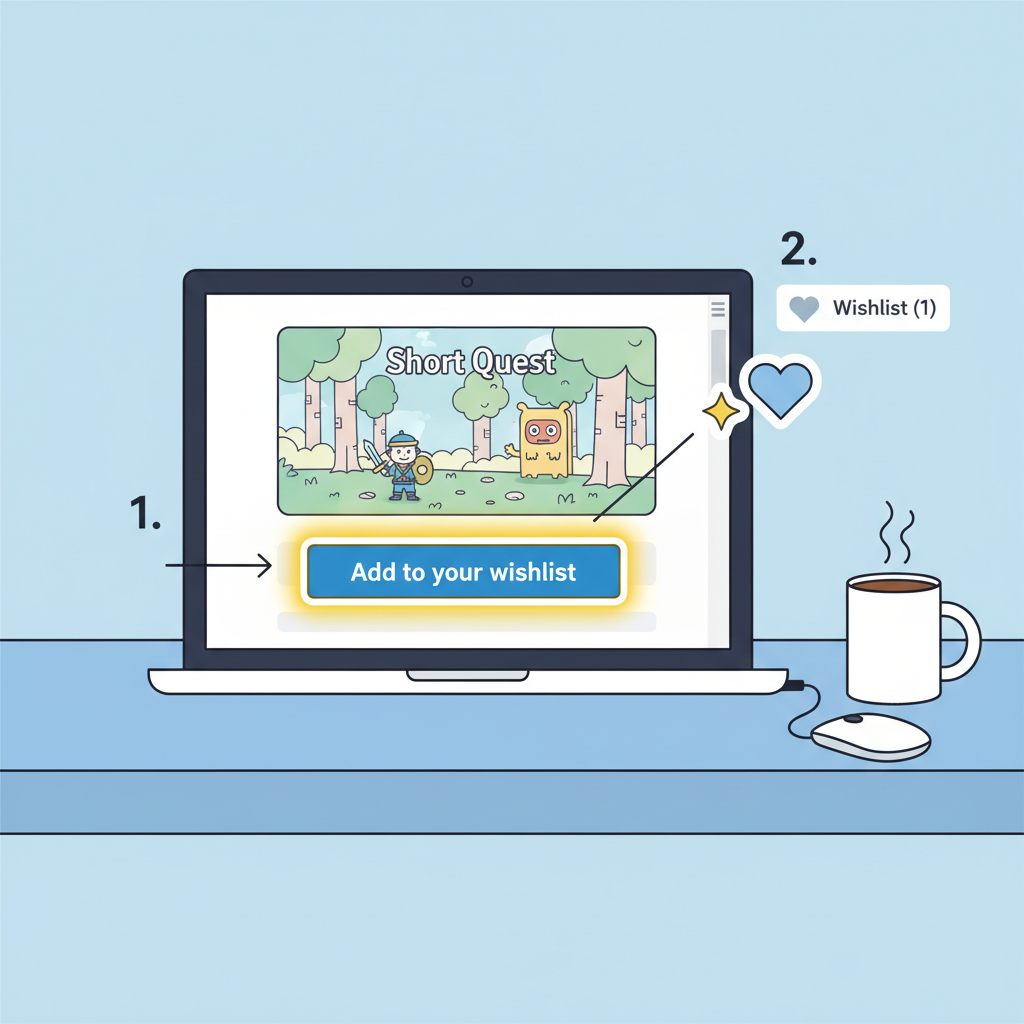 Steam store page open on laptop, wishlist button highlighted, indie game artwork like short quest, add to list animation