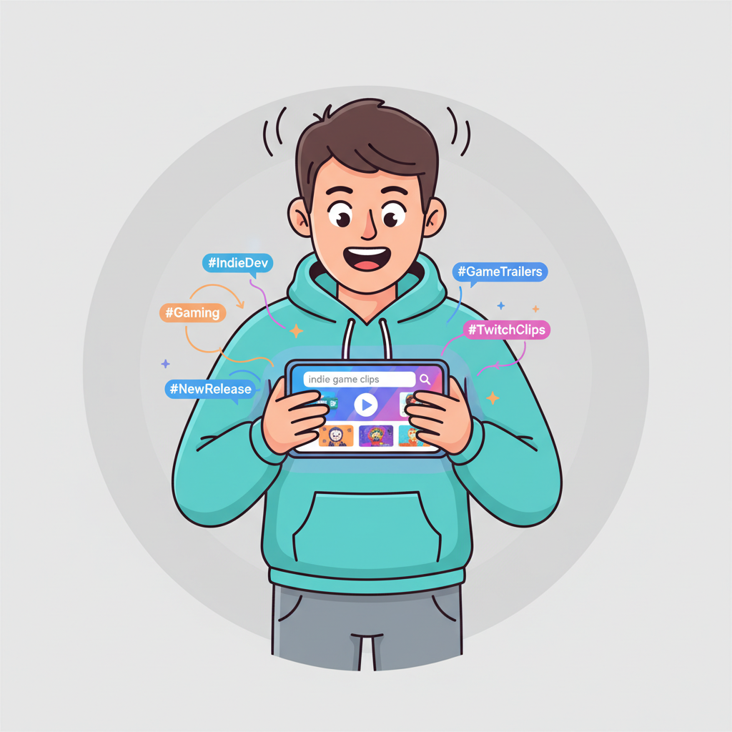 person searching Twitter on phone for indie game clips, vibrant screen with hashtags, excited expression, cartoon style