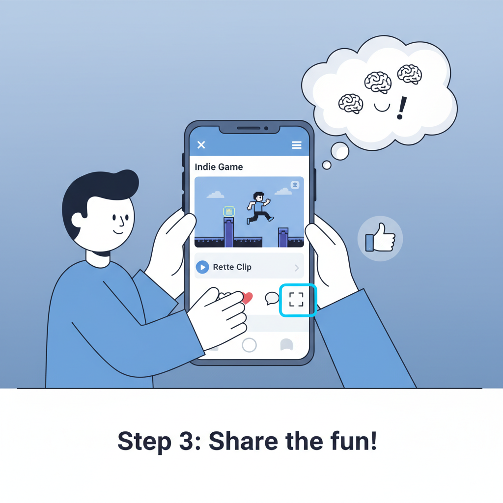 person retweeting indie game clip on X app, thumbs up emoji, speech bubble with thoughts, social media interface