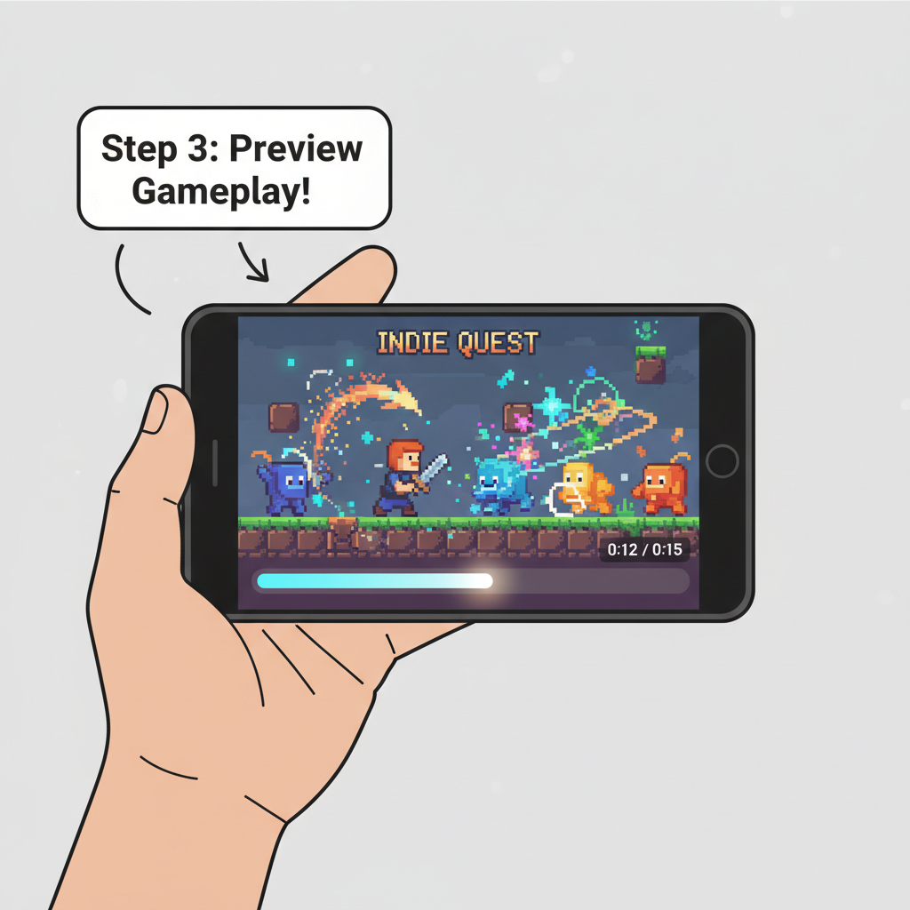 smartphone screen playing 15-second indie game preview clip, pixel art action, glowing effects, held in hand