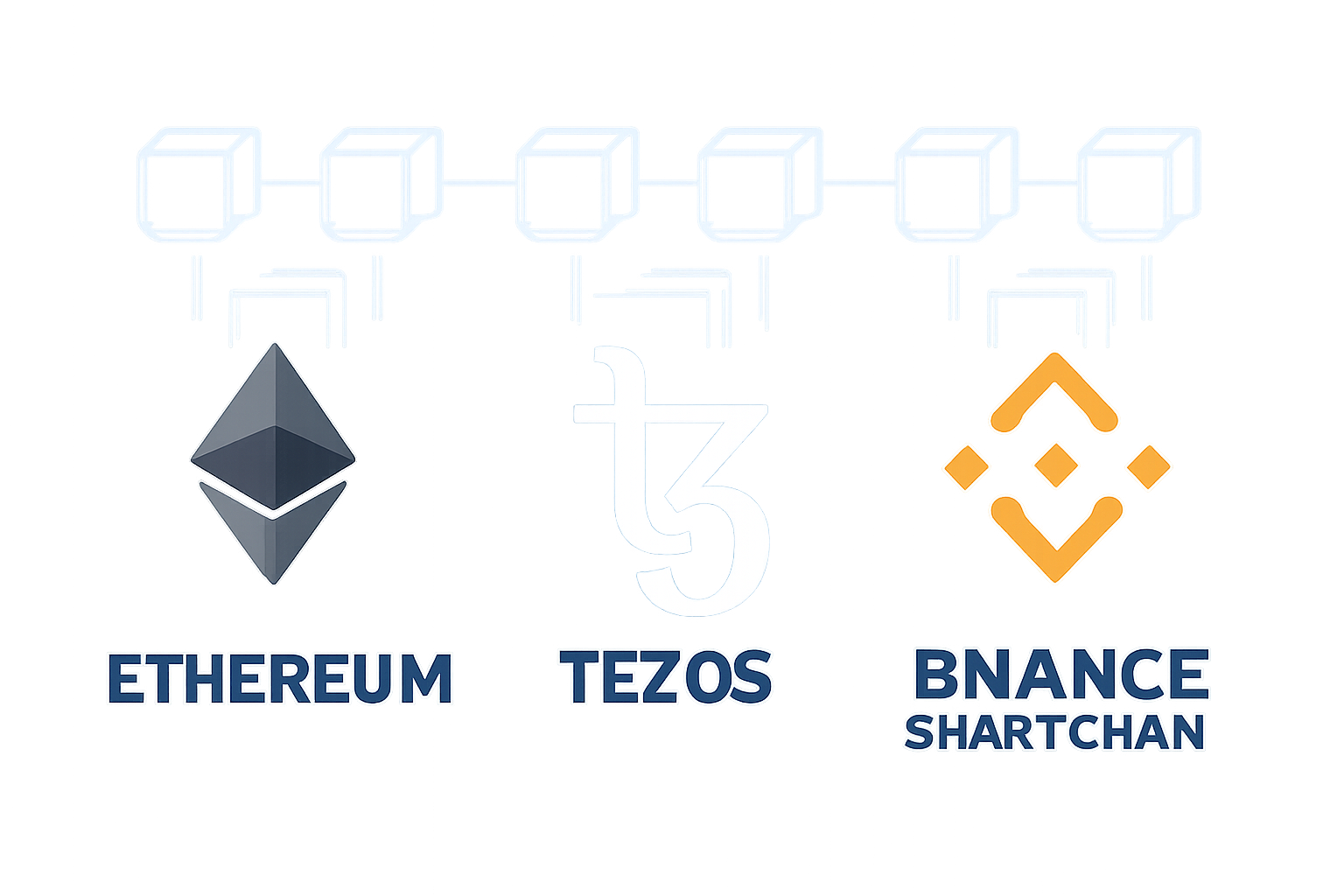 A digital interface displaying Ethereum, Tezos, and Binance Smart Chain logos with blockchain graphics in the background