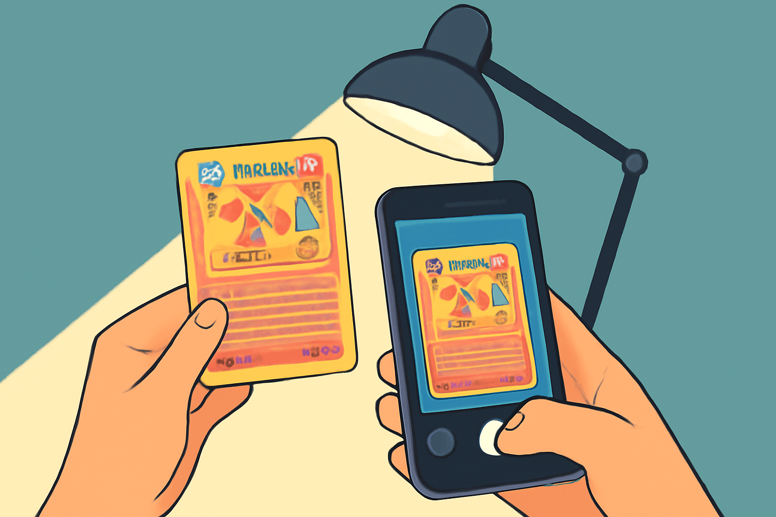 A hand holding a rare Pokémon card under a bright lamp, with a smartphone camera capturing a clear, detailed photo