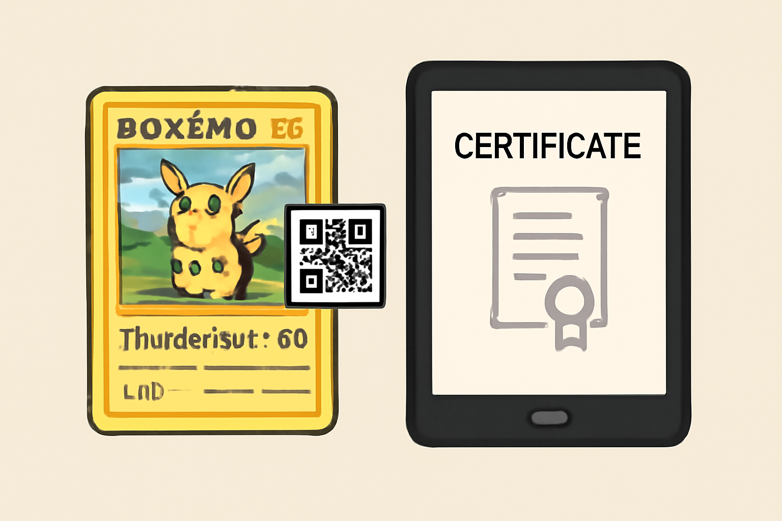 A physical Pokémon card with a QR code sticker and a digital certificate displayed on a tablet nearby