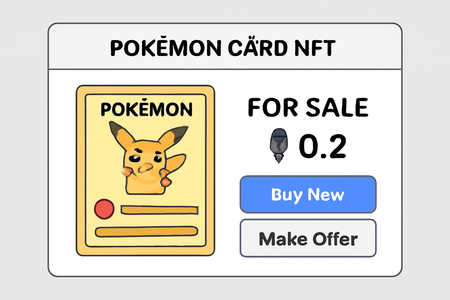 A digital listing page showing a Pokémon card NFT for sale, with price options and ETH symbol