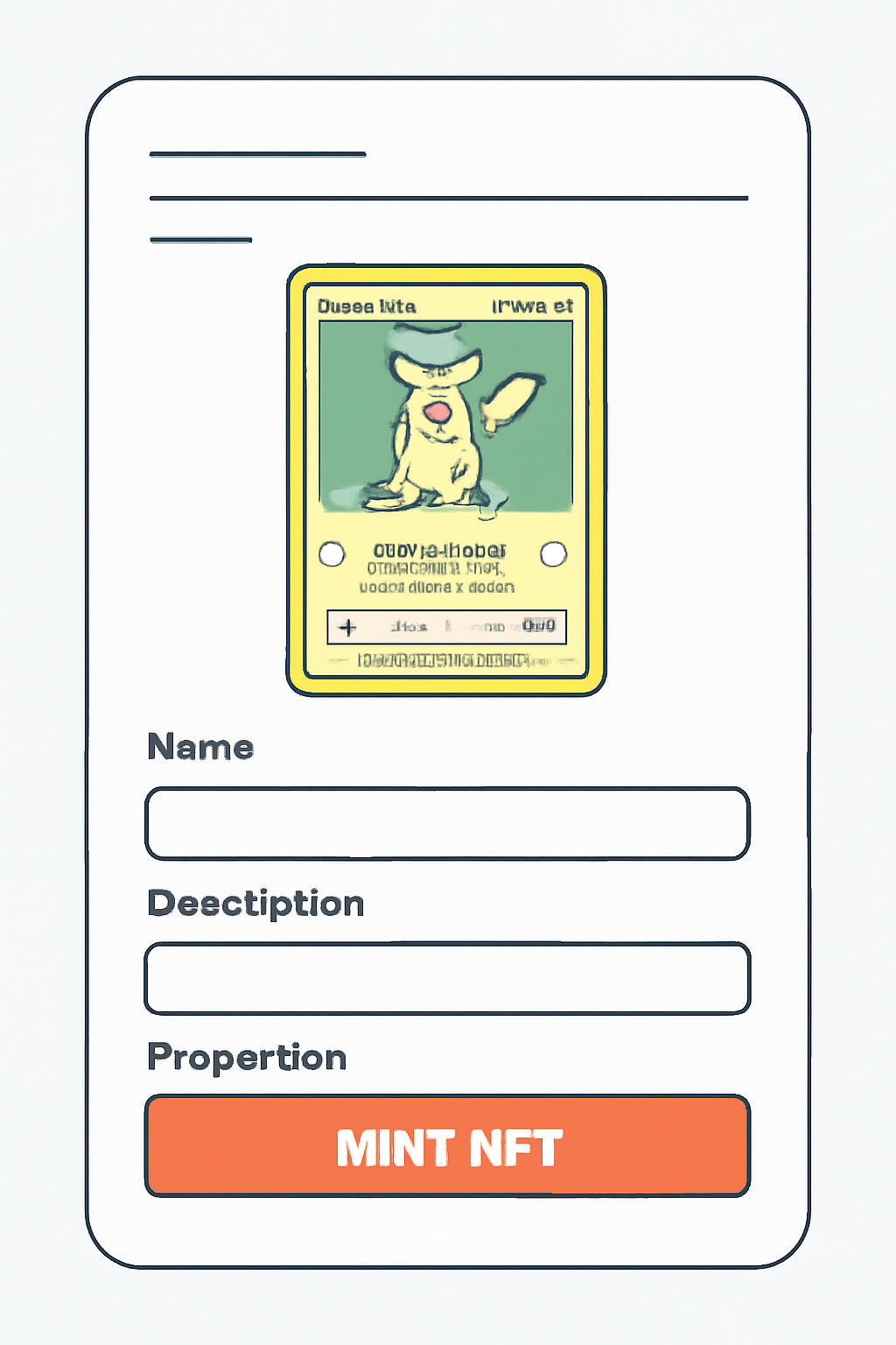 A digital form being filled with a Pokémon card image, metadata fields, and a 'Mint NFT' button highlighted