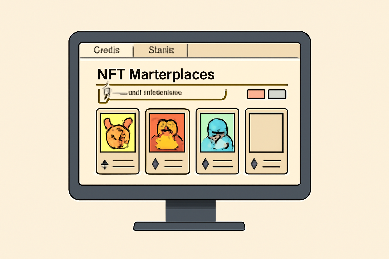 A computer screen displaying NFT marketplaces like OpenSea and Rarible, with Pokémon card images visible