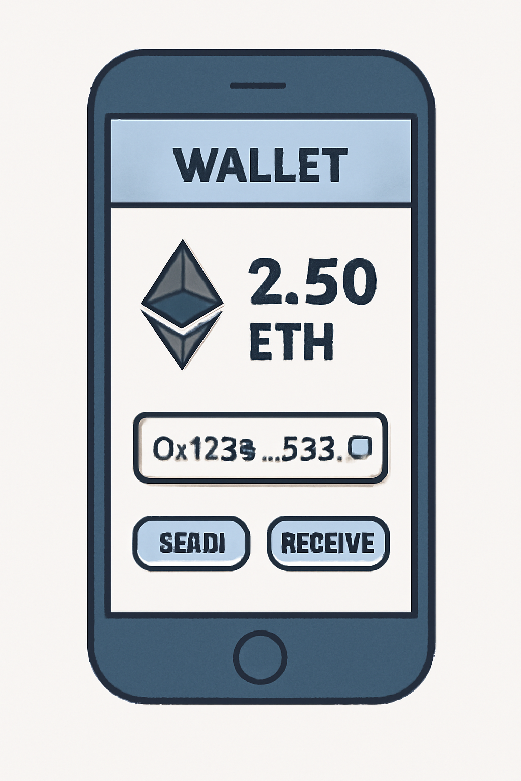A digital wallet app open on a smartphone, showing Ethereum balance and wallet address