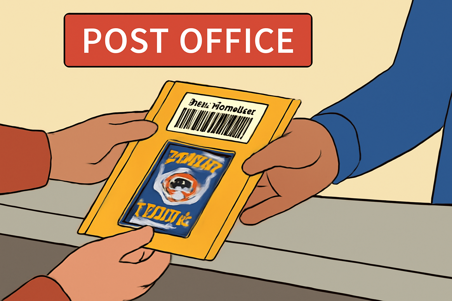 A package containing a Pokémon card being handed over at a post office counter, with a tracking label visible