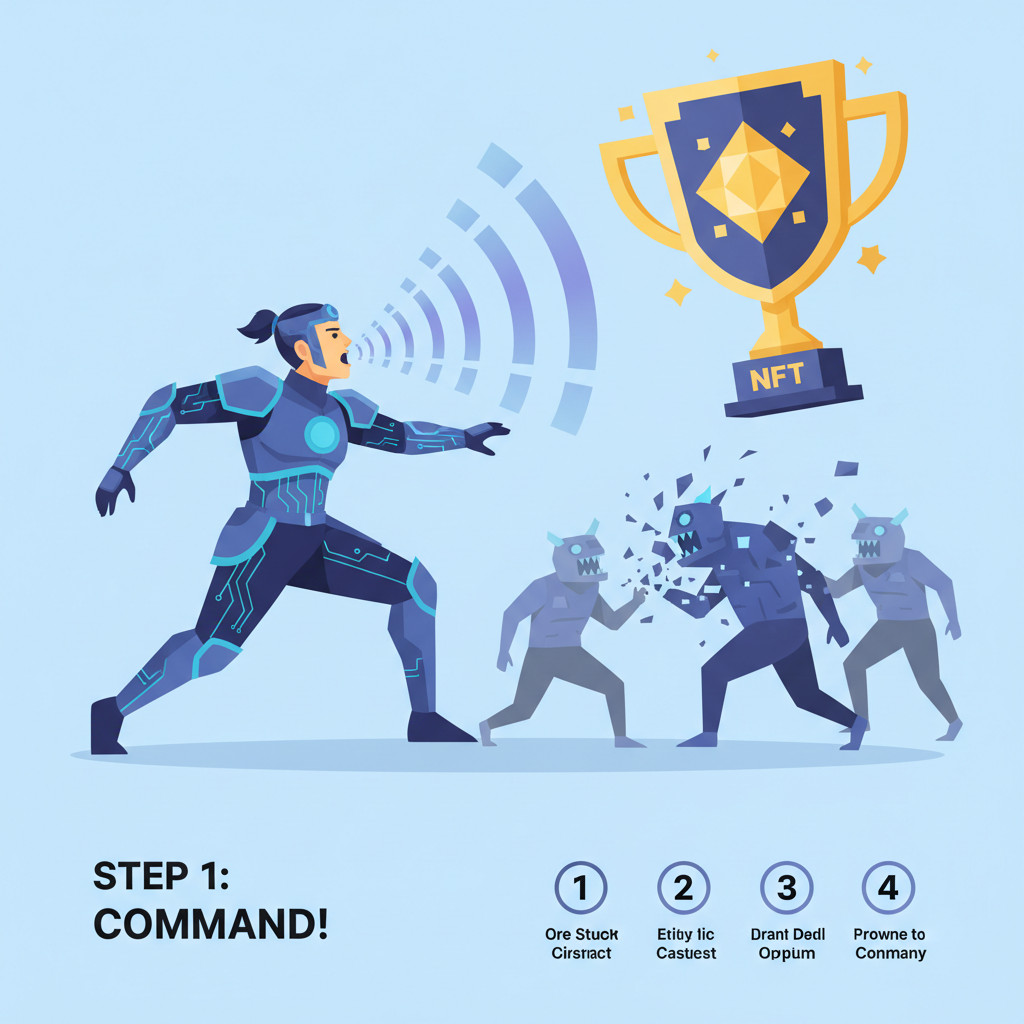 AI legend warrior in intense battle, voice command waves, NFT trophy glowing