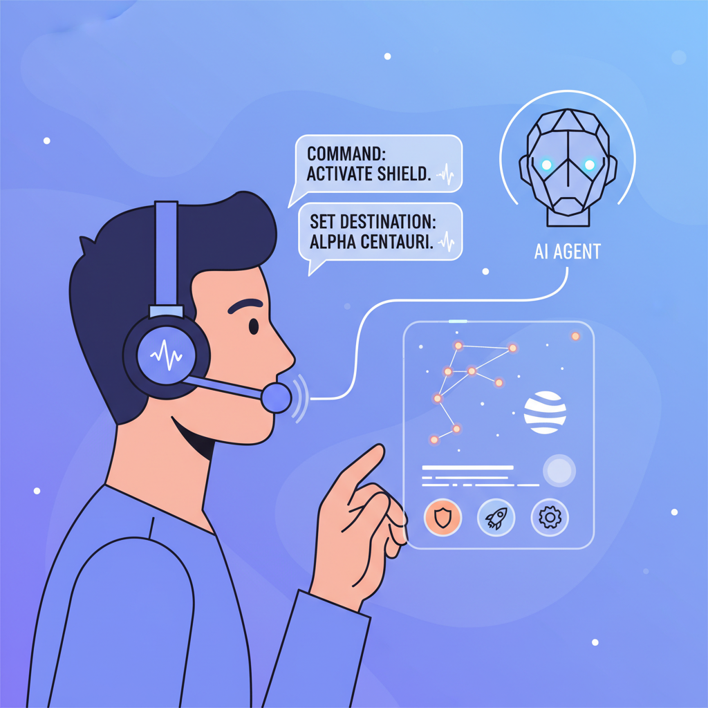 user linking voice to AI agent via microphone, speech bubbles with commands, futuristic interface