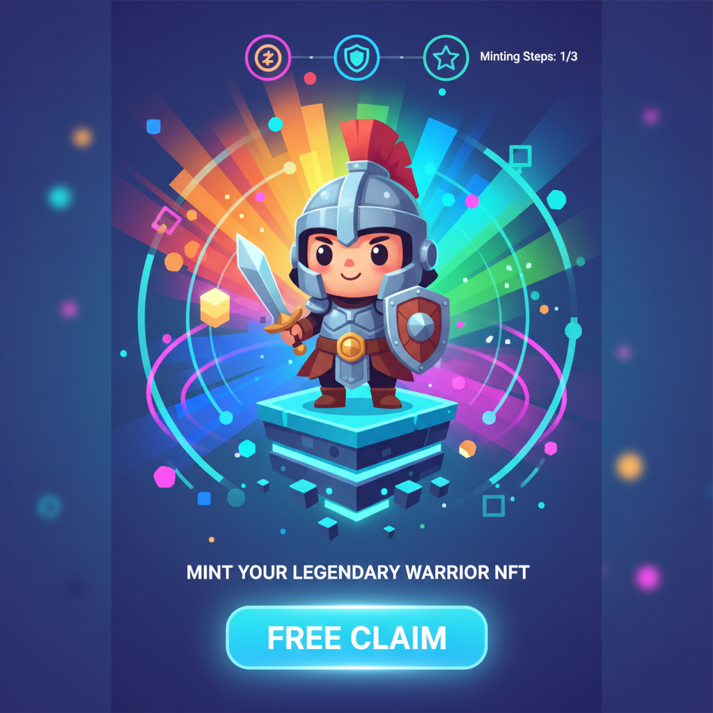 vibrant NFT minting screen with cute tiny legend warrior, blockchain glow, free claim button