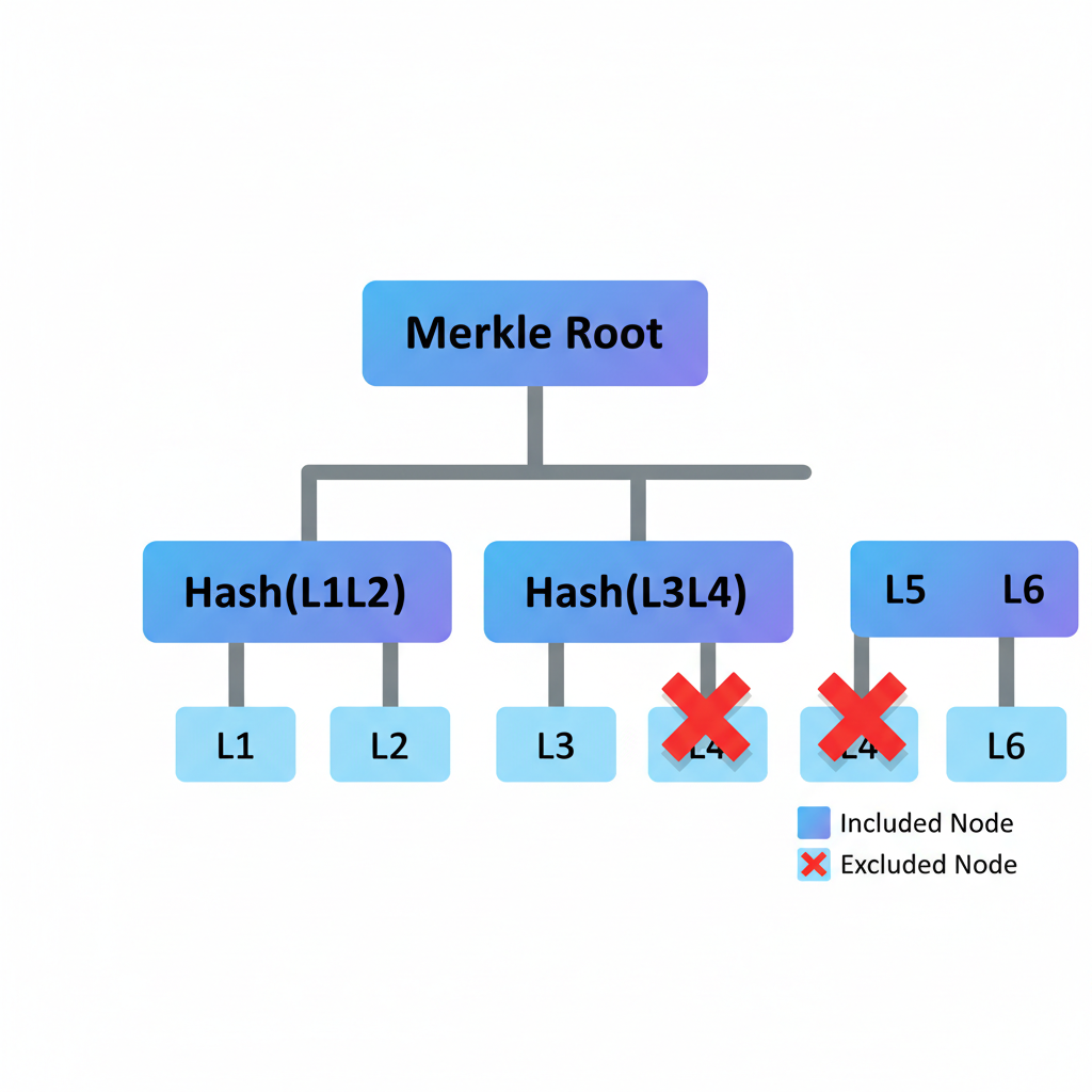 merkle tree structure with red X marks on excluded nodes, blockchain visualization