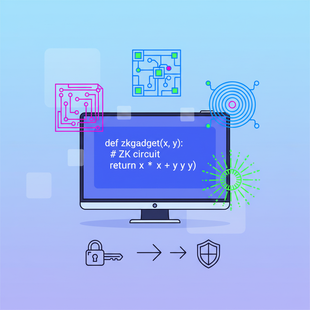 code snippet glowing on screen for ZK circuit, circuit diagrams floating